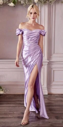 Cinderella Divine KV1056 Fitted Gathered Satin Gown(Fitted Gathered Satin Gown By Cinderella Divine Kv1056) -Dress Promotion Store KV1056 lavender