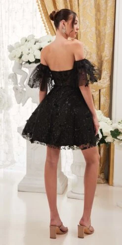 Ladivine KV1089 Short Floral Strapless A-Line Dress With Puff Sleeves(Ladivine Kv1089 Short Floral Strapless A Line Dress With Puff Sleeves) 18 Ladivine KV1089 Short Floral Strapless A-Line Dress With Puff Sleeves(Ladivine Kv1089 Short Floral Strapless A Line Dress With Puff Sleeves) -Dress Promotion Store KV1089 black 1