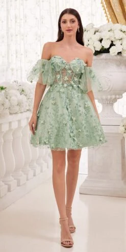 Ladivine KV1089 Short Floral Strapless A-Line Dress With Puff Sleeves(Ladivine Kv1089 Short Floral Strapless A Line Dress With Puff Sleeves) 19 Ladivine KV1089 Short Floral Strapless A-Line Dress With Puff Sleeves(Ladivine Kv1089 Short Floral Strapless A Line Dress With Puff Sleeves) -Dress Promotion Store KV1089 sage