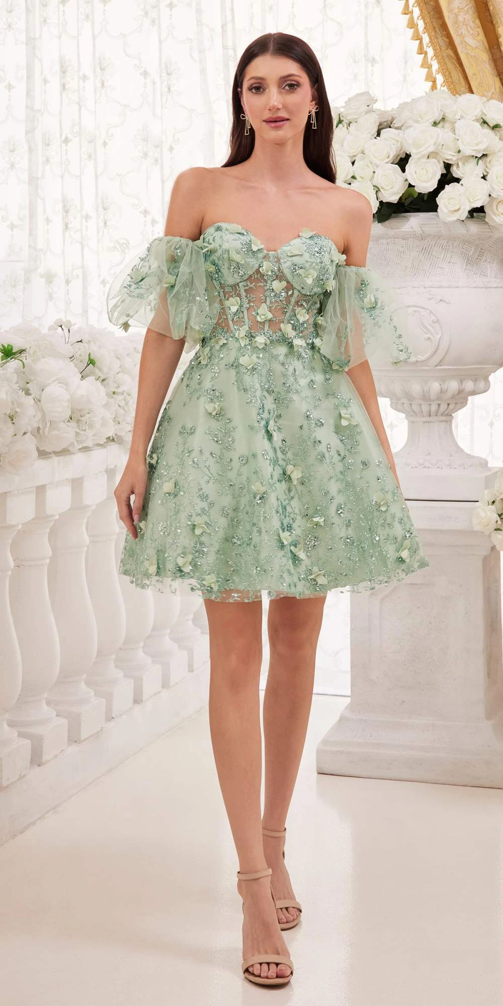 Ladivine KV1089 Short Floral Strapless A-Line Dress With Puff Sleeves(Ladivine Kv1089 Short Floral Strapless A Line Dress With Puff Sleeves) 11 Ladivine KV1089 Short Floral Strapless A-Line Dress With Puff Sleeves(Ladivine Kv1089 Short Floral Strapless A Line Dress With Puff Sleeves) - Image 9