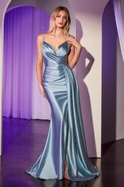 Ladivine KV1119 Dress Soft Satin Fit & Flare Gown(Ladivine Kv1119 Dress Soft Satin Fit Flare Gown) -Dress Promotion Store KV1119 ANDREA AND LEO DUSTY BLUE FRONT