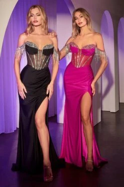 Ladivine KV1123 Dress Off The Shoulder Fitted Fringe Gown(Ladivine Kv1123 Dress Off The Shoulder Fitted Fringe Gown) -Dress Promotion Store KV1123 FUCHSIA BLACK