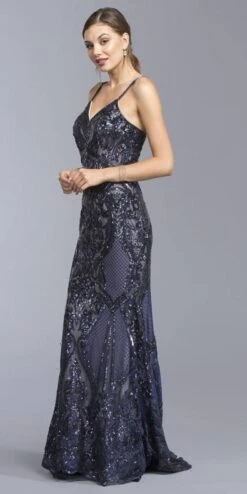 CLEARANCE - Aspeed L1982 Long Sequins Navy Blue Evening Gown V-Neck (Size XS)(Clearance Long Sequins Navy Blue Evening Gown V Neck With Spaghetti Straps Size Xs)