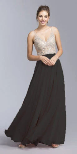 CLEARANCE - Aspeed USA 2055 Illusion Bodice Beaded Long Dress V-Neck (Size XXS)(Black Illusion Bodice Beaded Long Prom Dress V Neck)