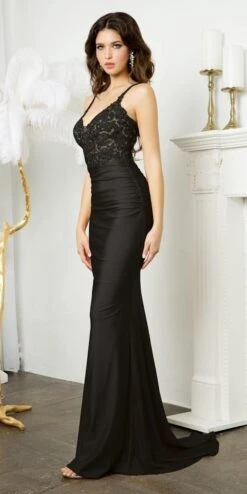 Juno M1006 Floor Length Fitted Sheath Jersey Gown Lace Bodice(Juno M1006 Floor Length Fitted Sheath Jersey Gown Lace Bodice) -Dress Promotion Store M1006 juno black