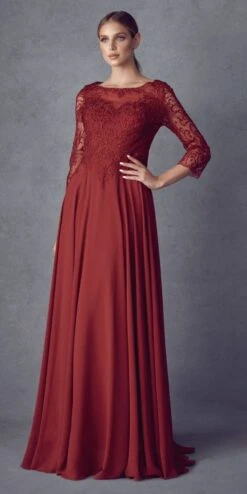 Juliet M11 Appliqued Long A-Line Dress Chiffon Quarter Sleeves(Appliqued Long Formal Dress Mauve With Quarter Sleeves)