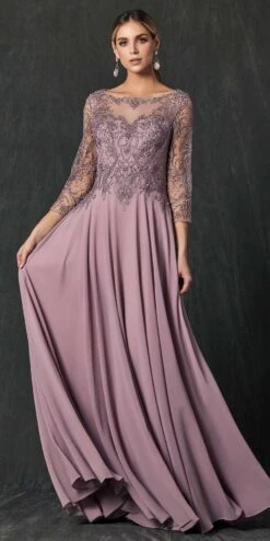 Juliet M11 Appliqued Long A-Line Dress Chiffon Quarter Sleeves(Appliqued Long Formal Dress Mauve With Quarter Sleeves) -Dress Promotion Store M11 Mauve Front
