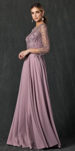 Juliet M11 Appliqued Long A-Line Dress Chiffon Quarter Sleeves(Appliqued Long Formal Dress Mauve With Quarter Sleeves) -Dress Promotion Store M11 Mauve Side
