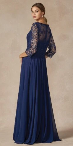Juliet M11 Appliqued Long A-Line Dress Chiffon Quarter Sleeves(Appliqued Long Formal Dress Mauve With Quarter Sleeves) -Dress Promotion Store M11 NAVYBLUE BACK