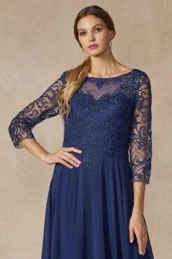 Juliet M11 Appliqued Long A-Line Dress Chiffon Quarter Sleeves(Appliqued Long Formal Dress Mauve With Quarter Sleeves) -Dress Promotion Store M11 NAVYBLUE FRONT