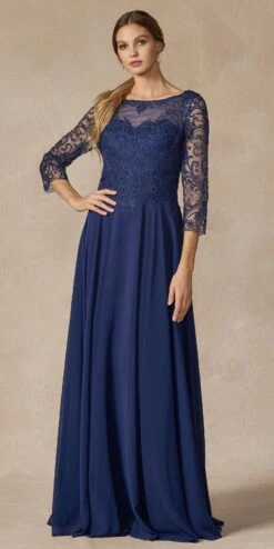 Juliet M11 Appliqued Long A-Line Dress Chiffon Quarter Sleeves(Appliqued Long Formal Dress Mauve With Quarter Sleeves) -Dress Promotion Store M11 NAVYBLUE OTHER