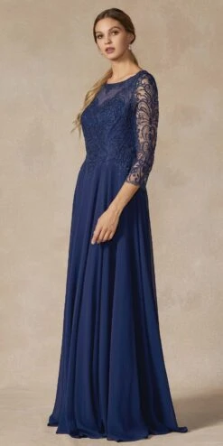 Juliet M11 Appliqued Long A-Line Dress Chiffon Quarter Sleeves(Appliqued Long Formal Dress Mauve With Quarter Sleeves) -Dress Promotion Store M11 NAVYBLUE SIDE