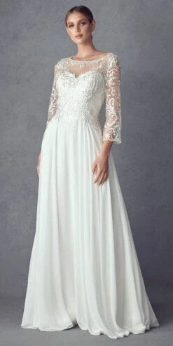 Juliet M11 Appliqued Long A-Line Dress Chiffon Quarter Sleeves(Appliqued Long Formal Dress Mauve With Quarter Sleeves) -Dress Promotion Store M11 OffWhite Front