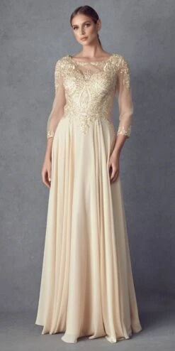 Juliet M12 Quarter Sleeved Embroidered Long A-Line Chiffon Dress(Quarter Sleeved Embroidered Long Formal Dress Mauve)