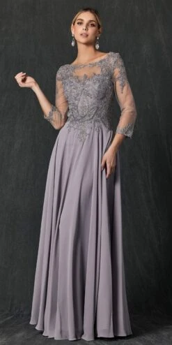Juliet M12 Quarter Sleeved Embroidered Long A-Line Chiffon Dress(Quarter Sleeved Embroidered Long Formal Dress Mauve) -Dress Promotion Store M12 Silver Front