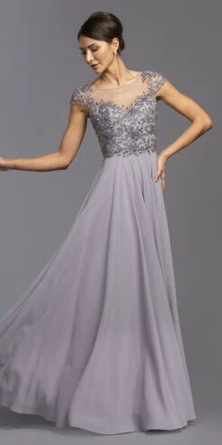 CLEARANCE - Aspeed USA M2100 Illusion Bodice Beaded A-line Dress (Size L)(Dark Silver Illusion Bodice Long Beaded Formal Dress)