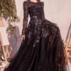 Andrea & Leo MA107 Dress Long Sleeve Black Embellished Ball Gown(Andrea Leo Ma107 Dress Long Sleeve Black Embellished Ball Gown) -Dress Promotion Store MA107 andrea and leo black front