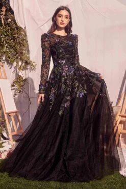 Andrea & Leo MA107 Dress Long Sleeve Black Embellished Ball Gown(Andrea Leo Ma107 Dress Long Sleeve Black Embellished Ball Gown)