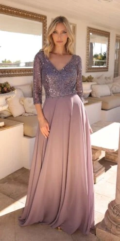 Nox Anabel MF103 Long Sequin Bodice 3/4 Sleeve A-line Gown(Nox Anabel Mf103 Long Sequin Bodice 3 4 Sleeve A Line Gown)