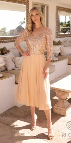 Nox Anabel MF104 Tea Length Sequin Bodice Short 3/4 Sleeve Dress(Nox Anabel Mf104 Tea Length Sequin Bodice Short 3 4 Sleeve Dress) -Dress Promotion Store MF104GOLD10623 bfe39581 040e 4514 9aa9 c809384bbabd