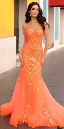 Nox Anabel Q1390 Long Fitted Sequin Applique Trumpet Skirt Gown(Nox Anabel Q1390 Long Fitted Sequin Applique Trumpet Skirt Gown) -Dress Promotion Store Q1390NEONORANGE 1
