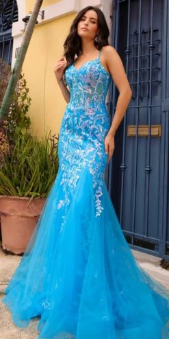 Nox Anabel Q1390 Long Fitted Sequin Applique Trumpet Skirt Gown(Nox Anabel Q1390 Long Fitted Sequin Applique Trumpet Skirt Gown) -Dress Promotion Store Q1390OCEANBLUE 2