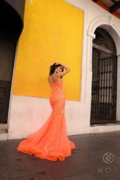 Nox Anabel Q1390 Long Fitted Sequin Applique Trumpet Skirt Gown(Nox Anabel Q1390 Long Fitted Sequin Applique Trumpet Skirt Gown) -Dress Promotion Store Q1390 NEONORANGE 4