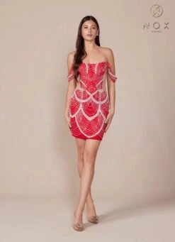 Nox Anabel Q839 Short Off The Shoulder Beaded Cocktail Dress(Nox Anabel Q839 Short Off The Shoulder Beaded Cocktail Dress) -Dress Promotion Store Q839 nox anabel red