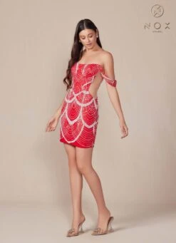 Nox Anabel Q839 Short Off The Shoulder Beaded Cocktail Dress(Nox Anabel Q839 Short Off The Shoulder Beaded Cocktail Dress) -Dress Promotion Store Q839 nox anabel red side