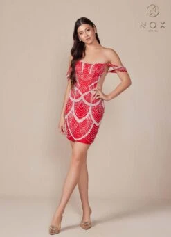 Nox Anabel Q839 Short Off The Shoulder Beaded Cocktail Dress(Nox Anabel Q839 Short Off The Shoulder Beaded Cocktail Dress) -Dress Promotion Store Q839 nox anabel red side2