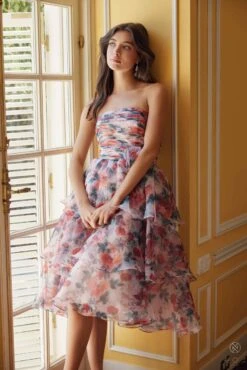 Nox Anabel Q842 Floral Print A-Line Tea Length Dress(Nox Anabel Q842 Floral Print A Line Tea Length Dress) -Dress Promotion Store Q842 BLUSH 1