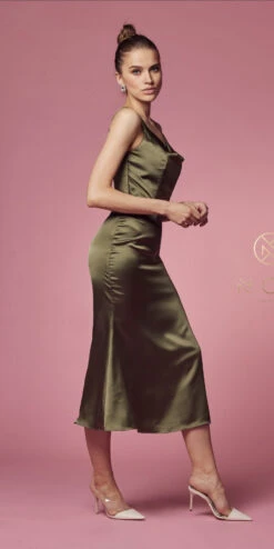 Nox Anabel R1027 Tea Midi-Length Formal Gown With Cowl Neckline(Tea Midi Length Formal Gown With Cowl Neckline By Nox Anabel R1027) -Dress Promotion Store R1027 OLIVE 60
