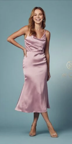 Nox Anabel R1027 Tea Midi-Length Formal Gown With Cowl Neckline(Tea Midi Length Formal Gown With Cowl Neckline By Nox Anabel R1027) -Dress Promotion Store R1027 ROSE 17