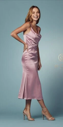 Nox Anabel R1027 Tea Midi-Length Formal Gown With Cowl Neckline(Tea Midi Length Formal Gown With Cowl Neckline By Nox Anabel R1027) -Dress Promotion Store R1027 ROSE 59
