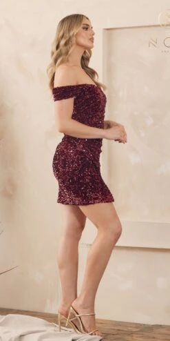 Nox Anabel R812 Short Off Shoulder Strap Sequins Dress Sweetheart Neck(Nox Anabel R812 Short Off Shoulder Strap Sequins Dress Sweetheart Neck) -Dress Promotion Store R812 BURGUNDY 44