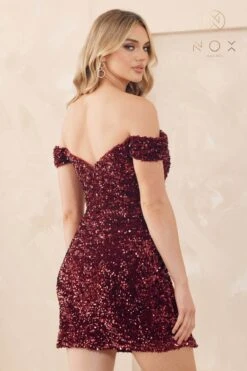 Nox Anabel R812 Short Off Shoulder Strap Sequins Dress Sweetheart Neck(Nox Anabel R812 Short Off Shoulder Strap Sequins Dress Sweetheart Neck) -Dress Promotion Store R812 BURGUNDY 84