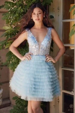 Nox Anabel R883 Dress V-Neck A-Line Tiered Ruffled Skirt(Nox Anabel R883 Dress V Neck A Line Tiered Ruffled Skirt)