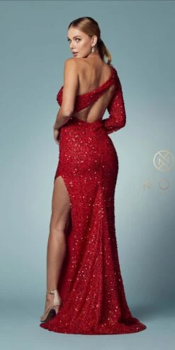 Nox Anabel S1013 One Sleeve Shoulder Strap Sequins/Beading Fitted Gown(One Sleeve Shoulder Strap Sequins Beading Fitted Gown By Nox Anabel S1013) -Dress Promotion Store S1013 RED 37