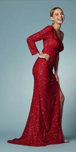 Nox Anabel S1013 One Sleeve Shoulder Strap Sequins/Beading Fitted Gown(One Sleeve Shoulder Strap Sequins Beading Fitted Gown By Nox Anabel S1013) -Dress Promotion Store S1013 RED 57