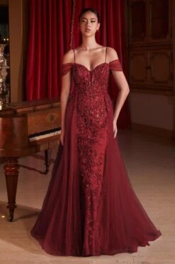 Ladivine SF009 Long Embellished Off The Shoulder Fitted Lace Gown(Ladivine Sf009 Long Embellished Off The Shoulder Fitted Lace Gown) -Dress Promotion Store SF009 burgundy 039106c9 6790 495d b7ae a004b897abcf