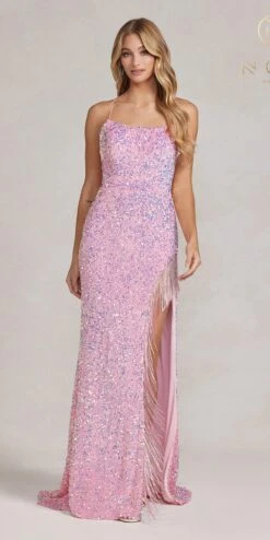 Nox Anabel T1209 Long Formal Sequin Gown With Fringe Leg Slit(Nox Anabel T1209 Long Formal Sequin Gown With Fringe Leg Slit) -Dress Promotion Store T1209 PINK 1