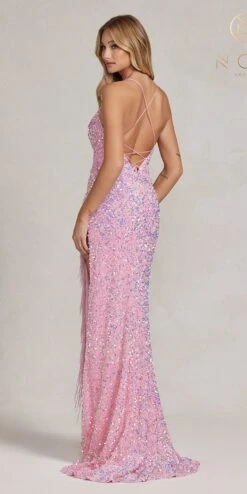 Nox Anabel T1209 Long Formal Sequin Gown With Fringe Leg Slit(Nox Anabel T1209 Long Formal Sequin Gown With Fringe Leg Slit) -Dress Promotion Store T1209 PINK 3