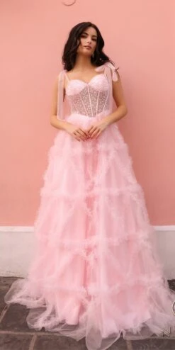 Nox Anabel T1340 Long Ruffled Skirt Boned Bustier Ribbon Strap A-Line Gown(Nox Anabel T1340 Long Ruffled Skirt Boned Bustier Ribbon Strap A Line Gown)