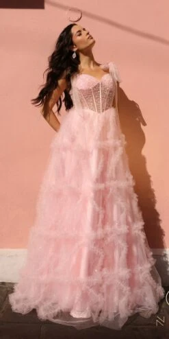 Nox Anabel T1340 Long Ruffled Skirt Boned Bustier Ribbon Strap A-Line Gown(Nox Anabel T1340 Long Ruffled Skirt Boned Bustier Ribbon Strap A Line Gown) -Dress Promotion Store T1340 BLUSH 2