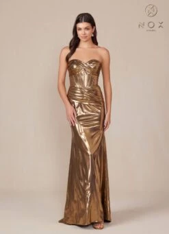 Nox Anabel T1499 Dress Strapless Metallic Satin Fitted Gown(Nox Anabel T1499 Dress Strapless Metallic Satin Fitted Gown) -Dress Promotion Store T1499 nox anabel gold