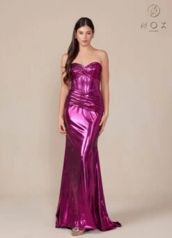 Nox Anabel T1499 Dress Strapless Metallic Satin Fitted Gown(Nox Anabel T1499 Dress Strapless Metallic Satin Fitted Gown) -Dress Promotion Store T1499 nox anabel magenta