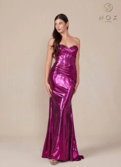 Nox Anabel T1499 Dress Strapless Metallic Satin Fitted Gown(Nox Anabel T1499 Dress Strapless Metallic Satin Fitted Gown) -Dress Promotion Store T1499 nox anabel magenta side view