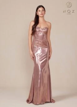 Nox Anabel T1499 Dress Strapless Metallic Satin Fitted Gown(Nox Anabel T1499 Dress Strapless Metallic Satin Fitted Gown) -Dress Promotion Store T1499 nox anabel rose gold