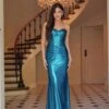 Nox Anabel T1499 Dress Strapless Metallic Satin Fitted Gown(Nox Anabel T1499 Dress Strapless Metallic Satin Fitted Gown) -Dress Promotion Store T1499 nox anabel teal