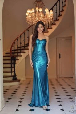 Nox Anabel T1499 Dress Strapless Metallic Satin Fitted Gown(Nox Anabel T1499 Dress Strapless Metallic Satin Fitted Gown)